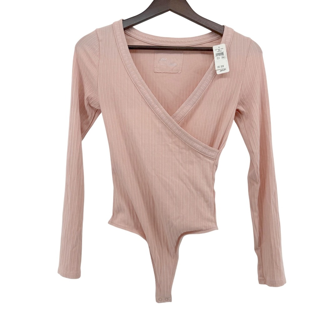 NWT Aerie Pink Long Sleeve Cross Front Ribbed Wrap Bodysuit Size Small‎